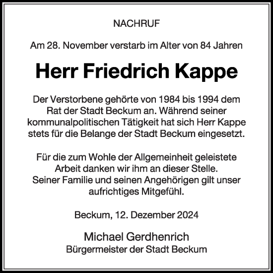 Traueranzeige von Friedrich Kappe von Die Glocke