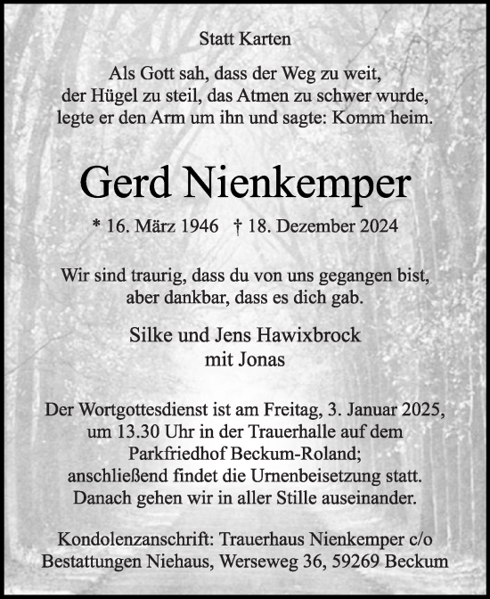 Traueranzeige von Gerd Nienkemper von Die Glocke