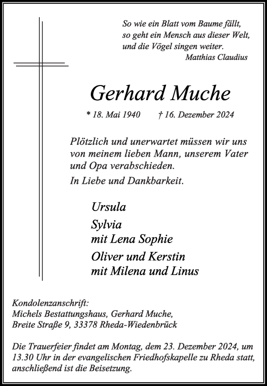 Traueranzeige von Gerhard Muche von Die Glocke