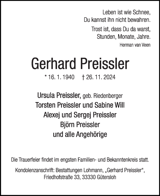 Traueranzeige von Gerhard Preissler von Die Glocke