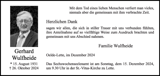 Traueranzeige von Gerhard Wulfheide von Die Glocke