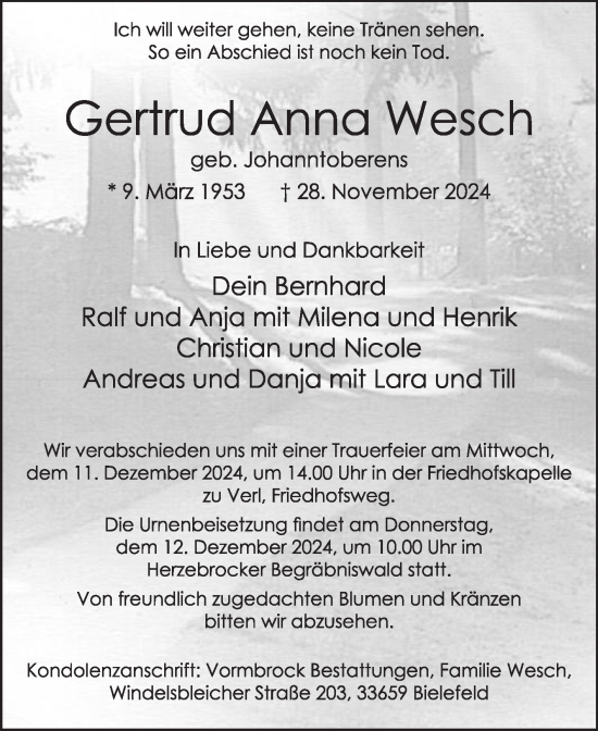 Traueranzeige von Gertrud Anna Wesch von Die Glocke