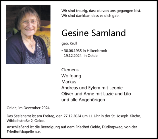 Traueranzeige von Gesine Samland von Die Glocke