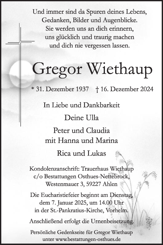 Traueranzeige von Gregor Wiethaup von Die Glocke