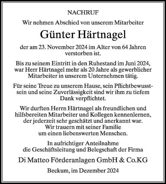 Traueranzeige von Günter Härtnagel von Die Glocke