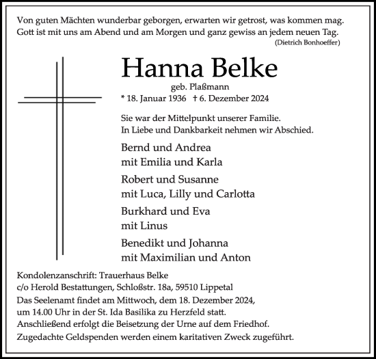 Traueranzeige von Hanna Belke von Die Glocke