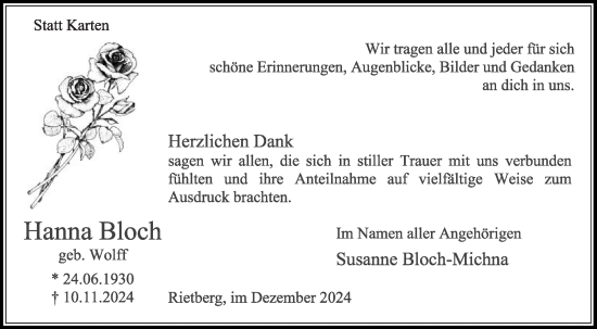 Traueranzeige von Hanna Bloch von Die Glocke