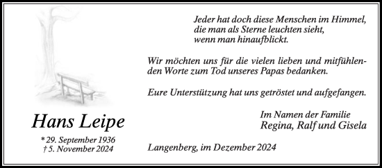 Traueranzeige von Hans Leipe von Die Glocke