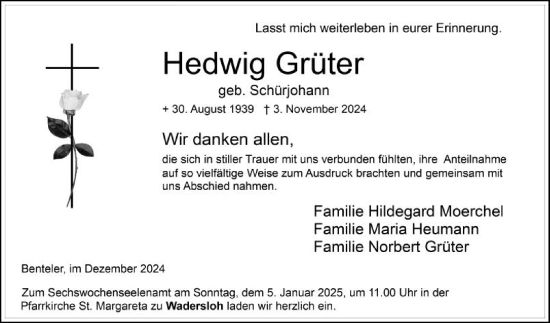 Traueranzeige von Hedwig Grüter von Die Glocke