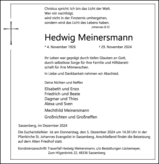 Traueranzeige von Hedwig Meinermann von Die Glocke