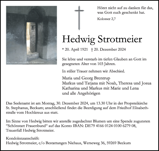 Traueranzeige von Hedwig Strotmeier von Die Glocke