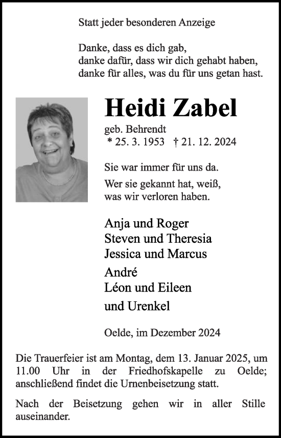 Traueranzeige von Heidi Zabel von Die Glocke