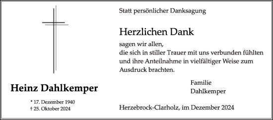 Traueranzeige von Heinz Dahlkemper von Die Glocke