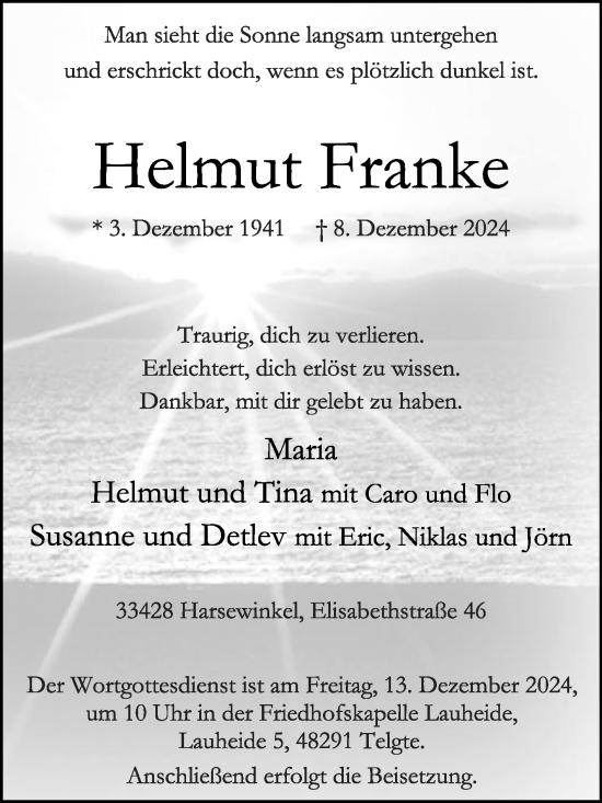 Traueranzeige von Helmut Franke von Die Glocke