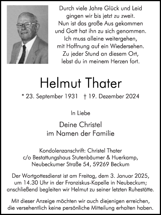 Traueranzeige von Helmut Thater von Die Glocke