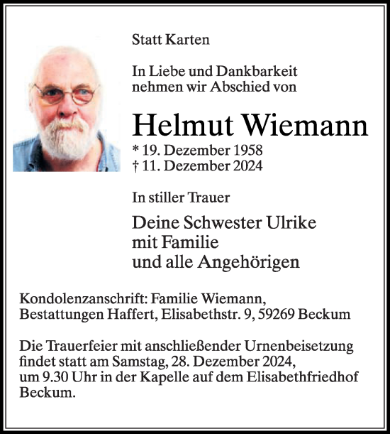 Traueranzeige von Helmut Wiemann von Die Glocke