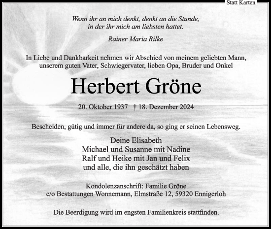 Traueranzeige von Herbert Gröne von Die Glocke