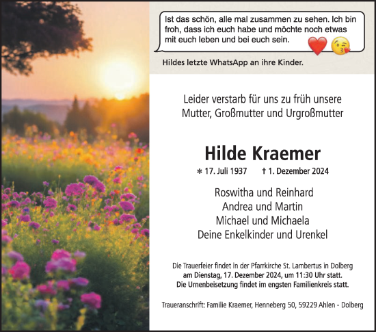 Traueranzeige von Hilde Kraemer von Die Glocke