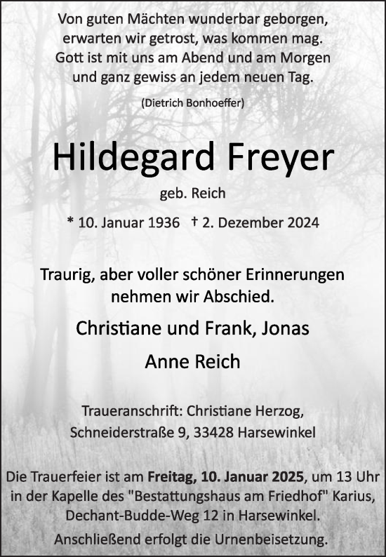 Traueranzeige von Hildegard Freyer von Die Glocke