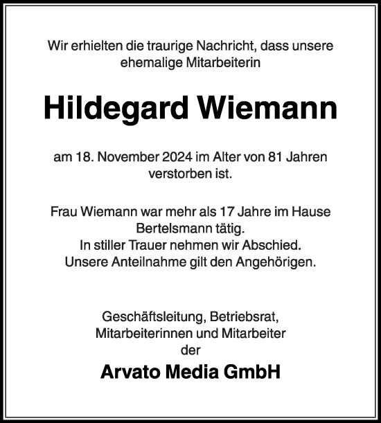 Traueranzeige von Hildegard Wiemann von Die Glocke