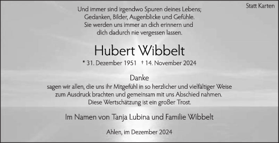 Traueranzeige von Hubert Wibbelt von Die Glocke