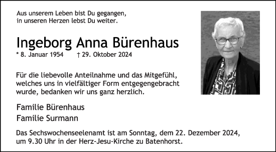 Traueranzeige von Ingeborg Anna Bürenhaus von Die Glocke