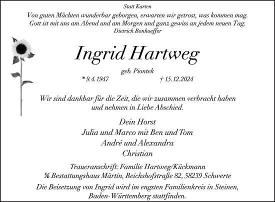 Traueranzeige von Ingrid Hartweg von Die Glocke