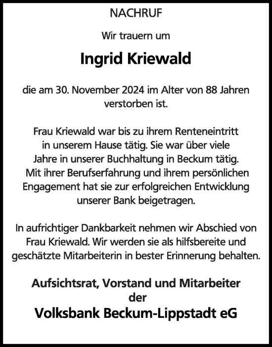 Traueranzeige von Ingrid Kriewald von Die Glocke