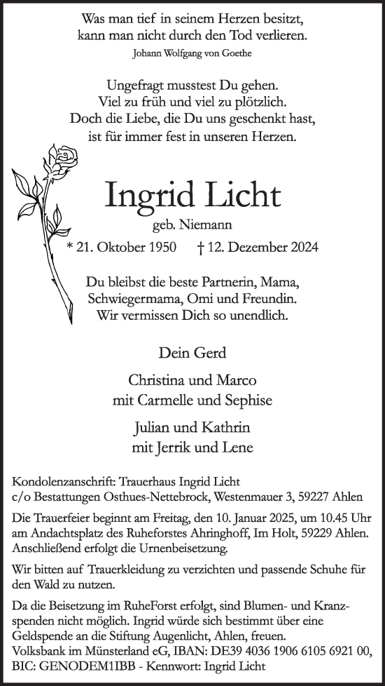 Traueranzeige von Ingrid Licht von Die Glocke