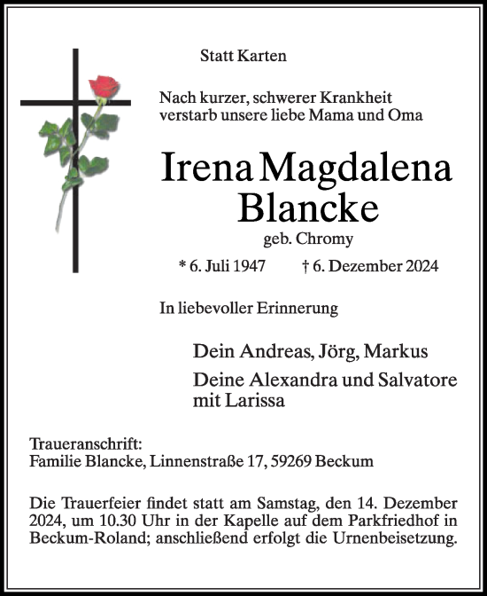 Traueranzeige von Irena Magdalena Blancke von Die Glocke