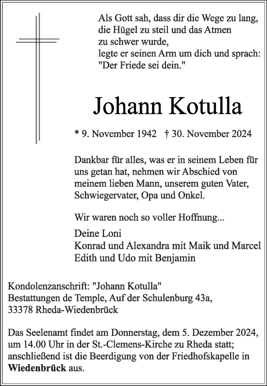 Traueranzeige von Johann Kotulla von Die Glocke