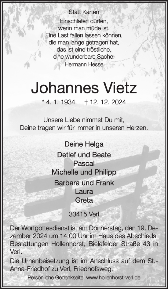 Traueranzeige von Johannes Vietz von Die Glocke