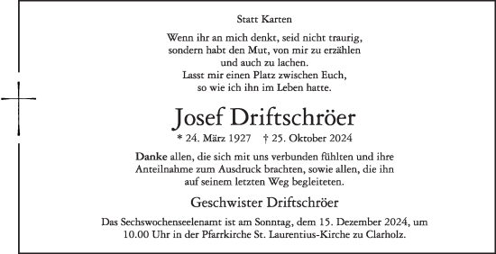 Traueranzeige von Josef Driftschröer von Die Glocke