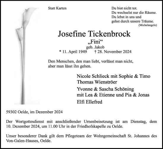 Traueranzeige von Josefine Tickenbrock von Die Glocke