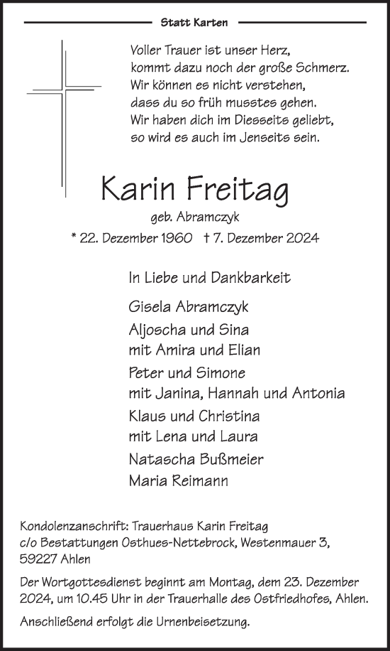 Traueranzeige von Karin Freitag von Die Glocke