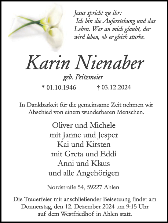 Traueranzeige von Karin Nienaber von Die Glocke