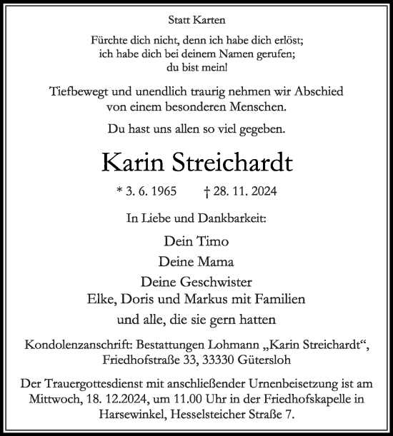 Traueranzeige von Karin Streichardt von Die Glocke