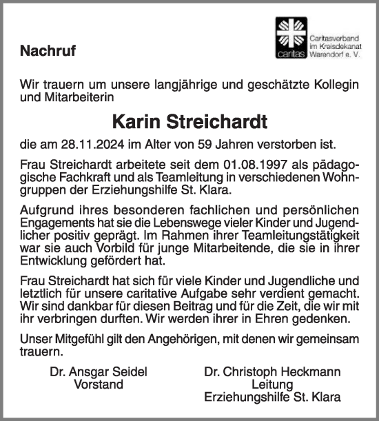 Traueranzeige von Karin Streichardt von Die Glocke