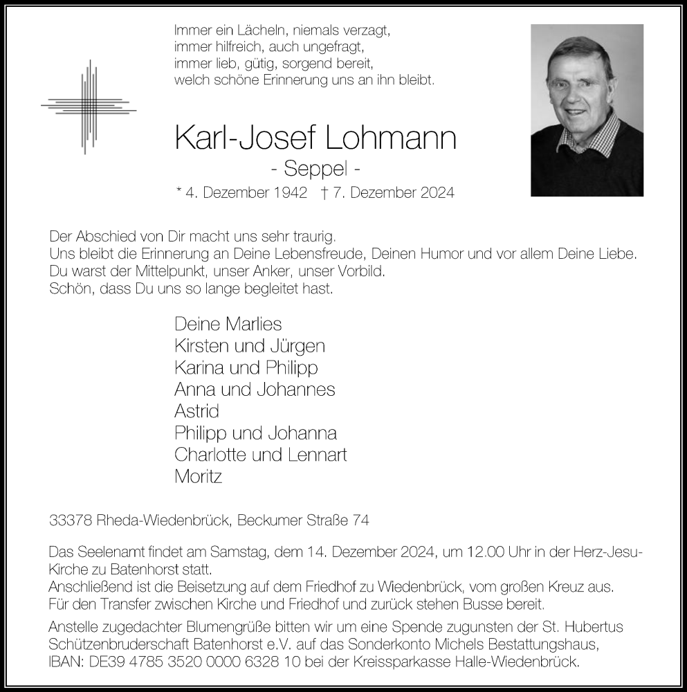  Traueranzeige für Karl-Josef Lohmann vom 11.12.2024 aus Die Glocke