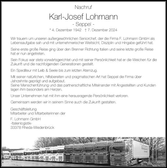 Traueranzeige von Karl-Josef Lohmann von Die Glocke