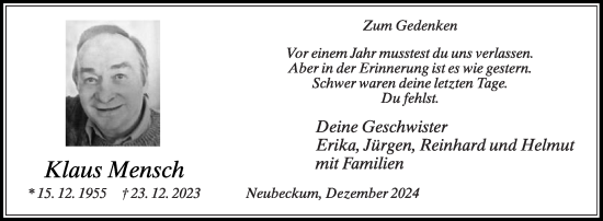 Traueranzeige von Klaus Mensch von Die Glocke