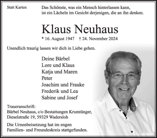 Traueranzeige von Klaus Neuhaus von Die Glocke