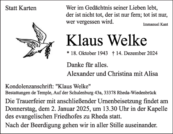 Traueranzeige von Klaus Welke von Die Glocke