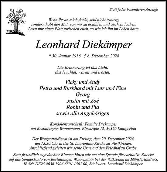 Traueranzeige von Leonhard Diekämper von Die Glocke