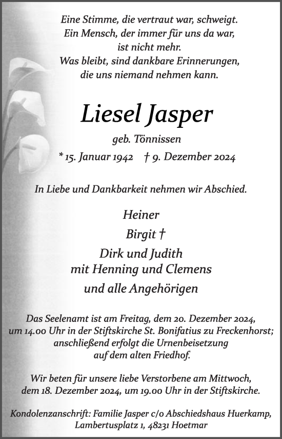 Traueranzeige von Liesel Jasper von Die Glocke