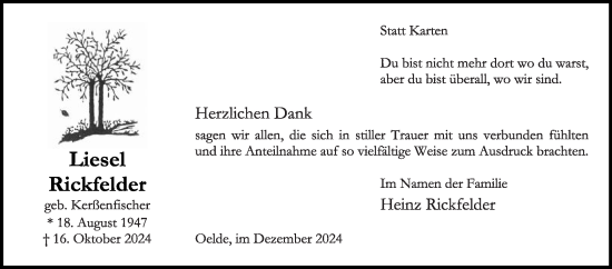 Traueranzeige von Liesel Rickfelder von Die Glocke