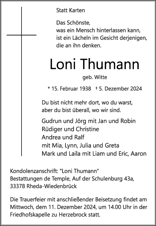 Traueranzeige von Loni Thumann von Die Glocke