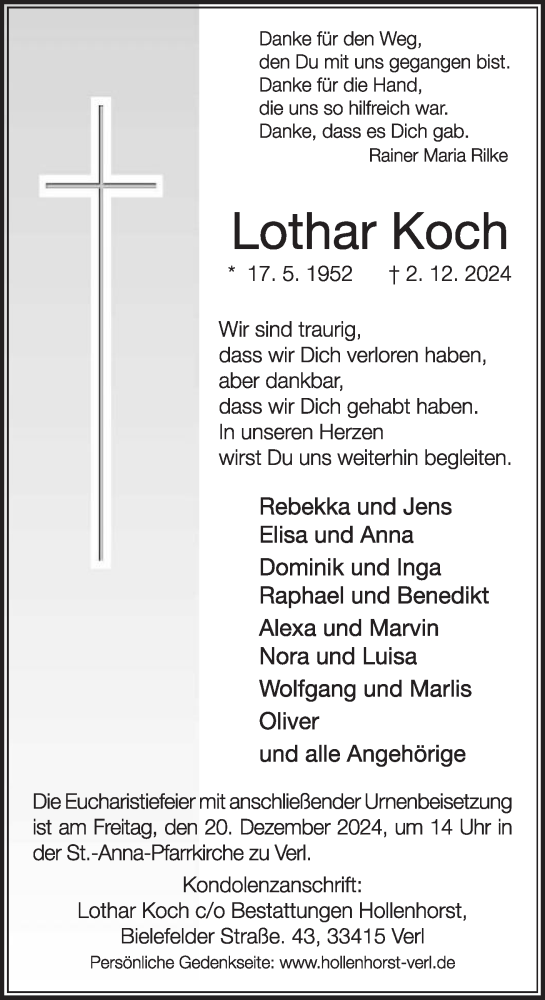 Traueranzeige von Lothar Koch von Die Glocke