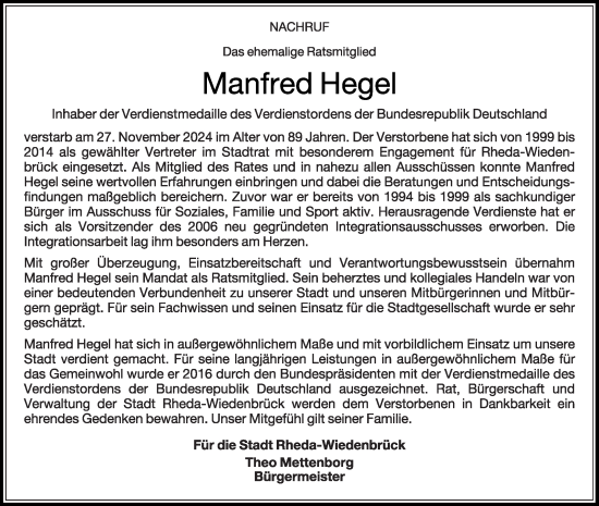 Traueranzeige von Manfred Hegel von Die Glocke