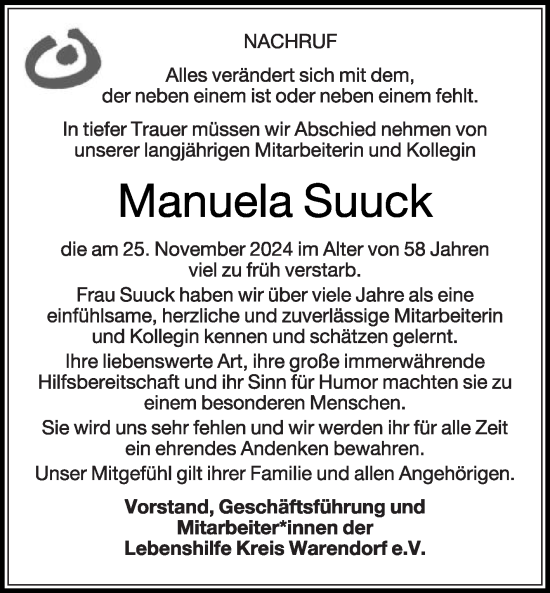 Traueranzeige von Manuela Suuck von Die Glocke